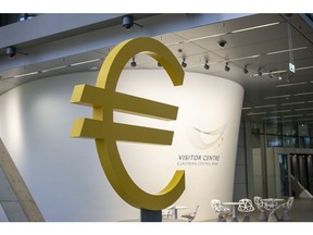 A euro currency symbol sits on display in the visitor centre at the European Central Bank (ECB) building in Frankfurt, Germany, on Monday, Nov. 4, 2019. The ECB started a new era on Friday when Christine Lagarde became the institution's first female president -- and for now its sole female policy maker. Photographer: Alex Kraus/Bloomberg