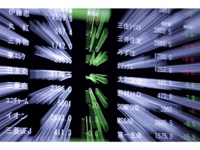 Stock figures flash on a screen at the Tokyo Stock Exchange. Asian stocks and bonds tumbled in the wake of the broad-based selloff on Wall Street Tuesday.