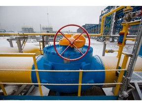 A valve wheel on a section of connected pipework in the yard at the Gazprom PJSC Slavyanskaya compressor station, the starting point of the Nord Stream 2 gas pipeline, in Ust-Luga, Russia, on Thursday, Jan. 28, 2021. Nord Stream 2 is a 1,230-kilometer (764-mile) gas pipeline that will double the capacity of the existing undersea route from Russian fields to Europe -- the original Nord Stream -- which opened in 2011. Photographer: Andrey Rudakov/Bloomberg