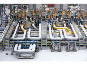 Snow-covered connected pipework in the yard at the Gazprom PJSC Slavyanskaya compressor station, the starting point of the Nord Stream 2 gas pipeline, in Ust-Luga, Russia, on Thursday, Jan. 28, 2021. Nord Stream 2 is a 1,230- kilometer (764-mile) gas pipeline that will double the capacity of the existing undersea route from Russian fields to Europe -- the original Nord Stream -- which opened in 2011. Photographer: Andrey Rudakov/Bloomberg