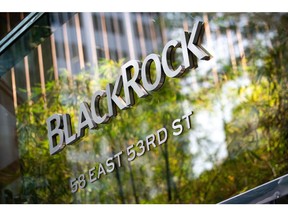 Signage outside Blackrock headquarters in New York, U.S., on Wednesday, Oct. 13, 2021. BlackRock gains 1.7% in premarket trading after reporting revenue and adjusted EPS for the third quarter that beat the average analyst estimates. Photographer: Jeenah Moon/Bloomberg