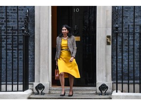 Suella Braverman, UK attorney general, departs following a weekly meeting of cabinet minsters at number 10 Downing Street in London, UK, on Tuesday, Nov. 16, 2021. UK Prime Minister Boris Johnson's latest effort to draw a line under an escalating lobbying and sleaze row engulfing his government was thwarted at the last minute in the UK Parliament.