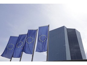 Flags of the European Union (EU) outside the headquarters of the European Central Bank (ECB) in Frankfurt, Germany, on Monday, May 23, 2022.  Photographer: Alex Kraus/Bloomberg