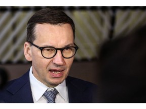 Mateusz Morawiecki, Poland's prime minister, speaks to the media on the second day of a special European Union (EU) leaders summit at the European Council headquarters in Brussels, Belgium, on Tuesday, May 31, 2022. EU leaders overcame weeks of division to clinch a deal on partially banning Russian oil, but calls to target one of Putin's other big moneymakers, gas, are opening new rifts in the bloc.