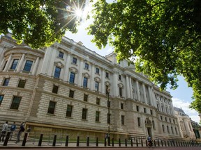 The HM Treasury building, in the Westminster district of London. Photographer: Luke MacGregor/Bloomberg