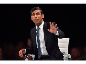 Rishi Sunak answers questions from party members in the audience during the first Conservative Party leadership hustings in Leeds, UK, on July 28.