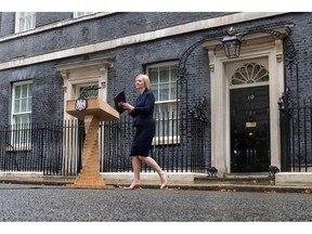 Liz Truss, UK prime minister, delivers her first speech as premier outside 10 Downing Street in London, UK, on Tuesday, Sept. 6, 2022. Truss is finalizing plans for a £40 billion ($46 billion) support package to lower energy bills for UK businesses.