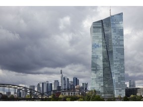The European Central Bank (ECB) headquarters in Frankfurt, Germany, on Thursday, Sept. 8, 2022. The ECB is on the brink of a jumbo three-quarter-point increase in interest rates to wrest back control over record inflation, even as the risk of a euro-zone recession rises. Photographer: Alex Kraus/Bloomberg