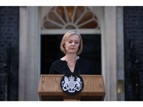 Liz Truss, UK prime minister, makes a statement following the death of Queen Elizabeth II outside 10 Downing Street in London, UK, on Thursday, Sept. 8, 2022. Queen Elizabeth II, whose reign took Britain from the age of steam to the era of the smartphone, and who oversaw the largely peaceful breakup of an empire that once spanned the globe, has died.