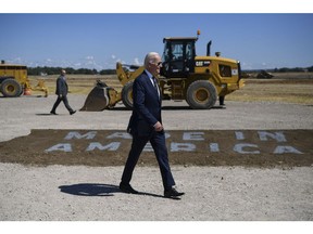US President Joe Biden arrives for a ceremony at the groundbreaking of the new Intel semiconductor manufacturing facility near New Albany, Ohio, US, on Friday, Sept. 9, 2022. Last month President Biden signed into law a broad competition bill that includes about $52 billion to boost domestic semiconductor research and development, calling it a "once-in-a-generation investment in America itself."