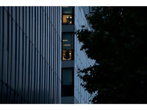 A partially-lit office building in Strasbourg, France. Photographer: Benjamin Girette/Bloomberg