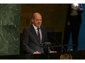 Olaf Scholz, Germany's chancellor, speaks during the United Nations General Assembly (UNGA) in New York, US, on Tuesday, Sept. 20, 2022. US President Biden, UK Prime Minister Truss and New Zealand Prime Minister Ardern are among the heads of state attending this year after Covid-19 moved the gathering online in 2020 and limited the in-person event in 2021.