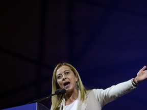 Giorgia Meloni, leader of the Brothers of Italy party, speaks during a recent rally..  Photographer: Alessia Pierdomenico/Bloomberg
