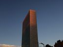 The United Nations building is seen at sunrise during the 77th Session of the UN's General Assembly at the organization's headquarters in New York City.