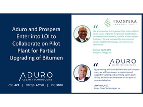 Aduro and Prospera Enter into LOI to Collaborate on Pilot Plant for Partial Upgrading of Bitumen