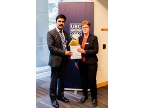 Alan Khara (left), Managing Director of the TEBO Group of Industries meeting with Gail Murphy (right), Vice-President Research & Innovation, University of British Columbia at the announcement for TEBO UBC Research Partnership Event.