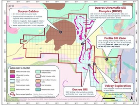 Figure 1. Geology map of Québec Nickel's Ducros property (dark red outline) showing the individual mining claims that comprise QNI's land package, along with the locations of the various Ni-Cu-PGE target areas. The regional geology is sourced from the Government of Québec's online SIGÉOM database.