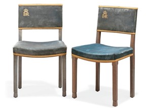 A pair of Elizabeth II limed-oak coronation chairs (1953) seen on Christie's website.