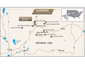Sandman Project location map of Northern Nevada relative to the surrounding operating gold mines.