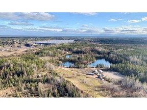 View south over VR's exploration camp located at the hydro – electric dam facility at Otter Rapids in northern Ontario. The Hecla-Kilmer Critical Metals discovery is located approximately 23 km to the west, to the right of this photo.  Photograph taken in October, 2021; the camp will be used again for drilling planned in October, 2022.