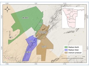 Location of Madison North (EPL-7011 and EPL-8531), Madison West (EPL-8115 and ML121), and uranium-producing mines in Namibia's Erongo Uranium Province.