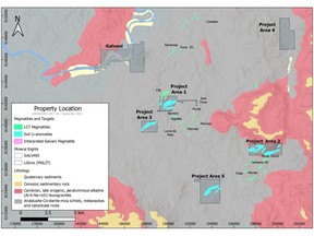 Itinga Project (Areas 1-5) and Galvani Claims location and geology map. Note the surface expression of the CBL lithium mine in the northeast corner of Project Area 1 and Sigma Lithium's Barreiro deposit to the southeast.
