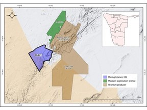Figure 1: Location of ML121, EPL-7011 owned by Madison, and uranium producing mines in Namibia's Erongo Uranium Province.