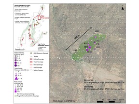 Figure 1: Plan map of São Francisco target, locating high-grade rock samples, Trado® auger holes and soil sampling sites (assays pending).