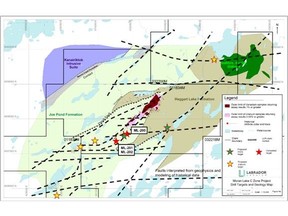 Completed drilling and updated targets for the Moran Lake C Zone with bedrock geology underlay.  Geology taken from Crosshair report (2012).