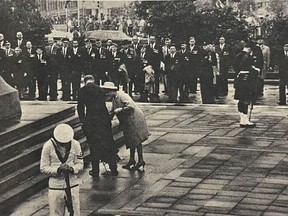Laying a wreath at The National War Memorial in Ottawa, 1967