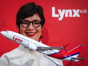 Merren McArthur, CEO of Lynx Air, announces the startup of the new airline at a news conference announcing Calgary, Alta., Tuesday, Nov. 16, 2021.