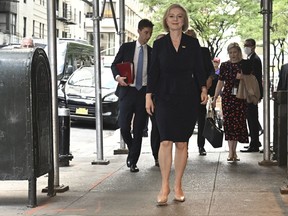 British Prime Minister Liz Truss arrives to meet Japan's Prime Minister Fumio Kishida for a lunch bilateral in New York, Tuesday, Sept. 20, 2022.