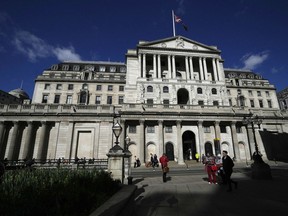 FILE - A general view of the Bank of England in the City of London, Thursday, March 17, 2022. Britain's central bank is under pressure make another big interest rate hike Thursday, Sept. 22, 2022, with inflation outpacing other major economies but the U.S. Federal Reserve and other banks acting more aggressively to get prices under control.