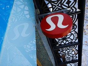 logo is displayed outside of a Lululemon Athletica Inc. store in Santa Monica, California.