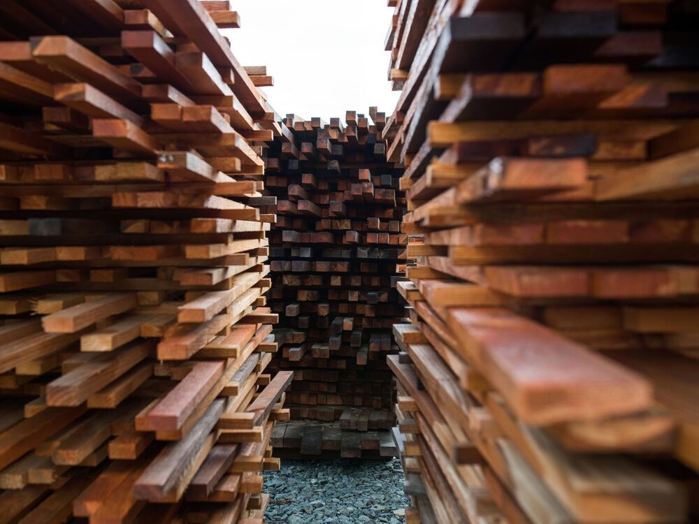Stacks of cut lumber at a sawmill in Sooke, British Columbia.