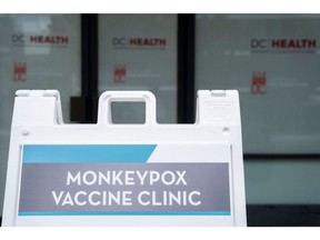 A sign for a Monkeypox vaccine clinic in Washington, DC. Photographer: Stefani Reynolds/AFP/Getty Images