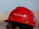 The Rio Tinto logo on a visitor's helmet at a borates mine in Boron, California.