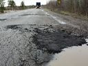 A road is in need of repair in Timmins, Ont.