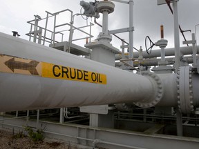 A maze of crude oil pipes and valves in Freeport, Texas.