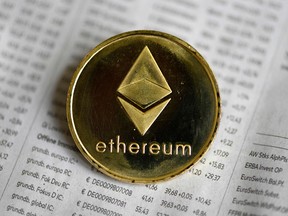 A physical imitation of an Ethereum cryptocurrency in Dortmund, western Germany.