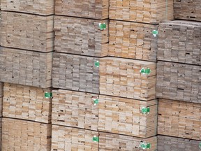 Softwood lumber along the Fraser River in Richmond, B.C.