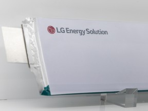 An LG Energy Solution Ltd. battery cell for electric vehicles at the InterBattery 2021 in Seoul, South Korea.