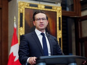 Conservative Party leader Pierre Poilievre speaking outside the House of Commons on Parliament Hill in Ottawa.