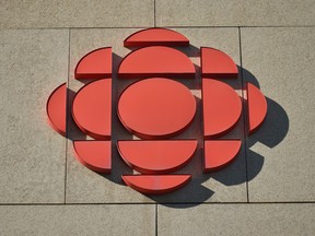 The CBC logo in downtown Edmonton, Alta.
