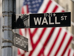 FILE - Street signs at the intersection of Wall and Broad Streets are shown in lower Manhattan, Wednesday, Oct. 13, 2021.