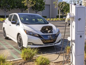 This photo provided by Nissan shows the 2023 Nissan Leaf, a small electric hatchback with an EPA-estimated range of up to 215 miles.