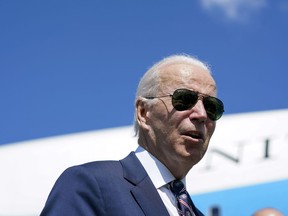 President Joe Biden speaks before boarding Air Force One at Columbus International Airport in Columbus, Ohio, Friday, Sep. 9, 2022, after attending a groundbreaking for a new Intel computer chip facility in New Albany, Ohio.