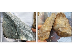 Photo 1 (left): Disseminated pyrite within a diorite unit outcropping along the highway. Assays returned values up to 8.2 g/t Au and 130 g/t Ag. Photo 2 (right): Limonitic felsic intrusive float with up to 10% pyrite. This unit is found as float within a 400x300m boulder field. Assays from the felsic rock returned values up to 5.6 g/t Au and 30.7 g/t Ag.