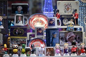 Souvenirs of the late Queen Elizabeth II are seen in a window of a shop in Canterbury, in south-east England., following the death of Britain's Queen Elizabeth II.