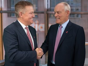 Incoming Scotiabank chief executive officer Scott Thomson, left, with the current CEO Brian J. Porter.
